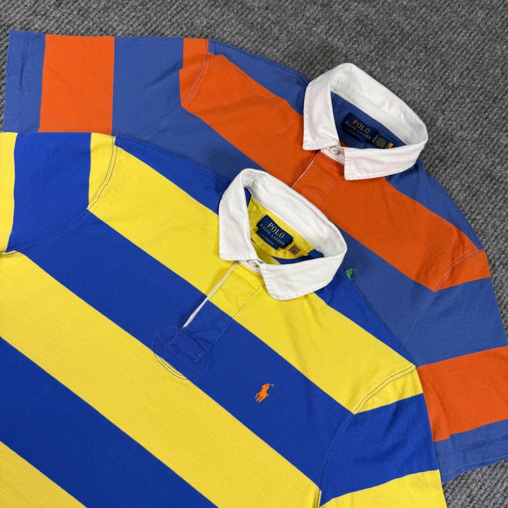 Lot of 2 Polo Ralph Lauren Mens XL Classic Fit Striped Rugby Shirts Blue Orange